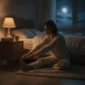 Person sitting on the edge of a bed before sleep and gently stretching a calf muscle.