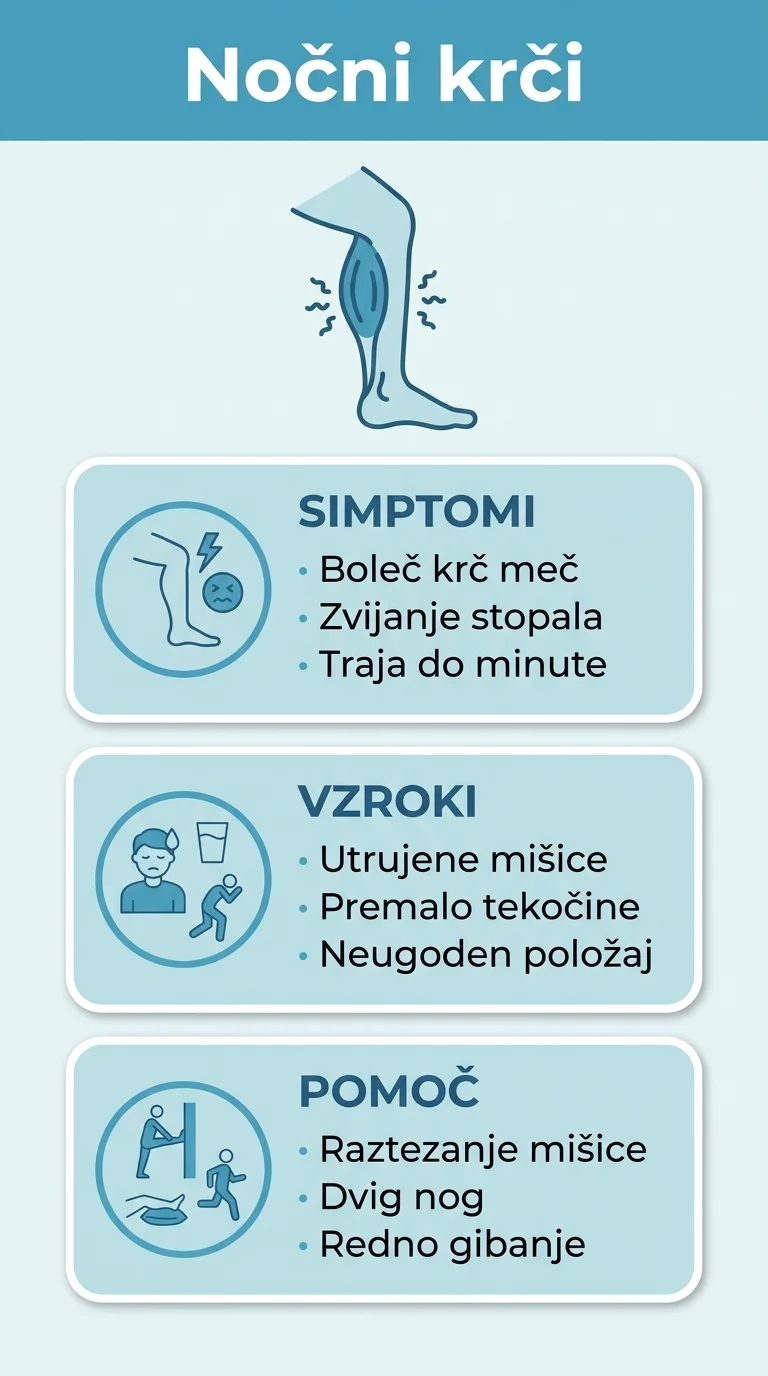 Infographic about nighttime leg cramps showing symptoms, possible causes, and measures that may help.