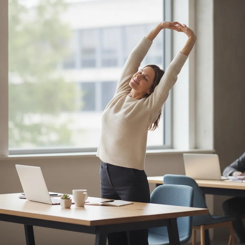 A brief movement break every 30 to 60 minutes interrupts prolonged sitting and relieves stress on the spine.