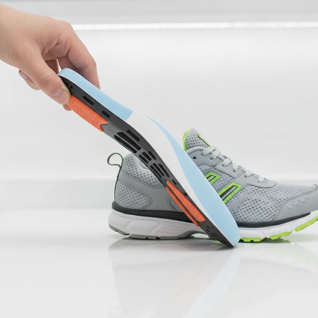 A running insole is placed inside a running shoe, showing its cushioning and shaped arch area.