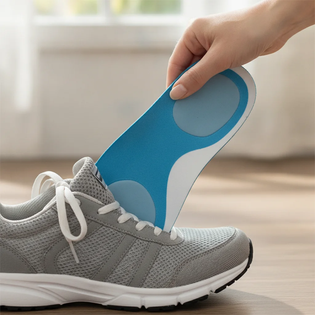 A hand places an arch-support insole into an athletic shoe as an example of support for flat feet.