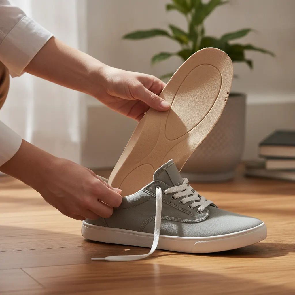 Inserting a shoe insole with arch support into a sneaker to reduce pressure on the heel when a heel spur is present.