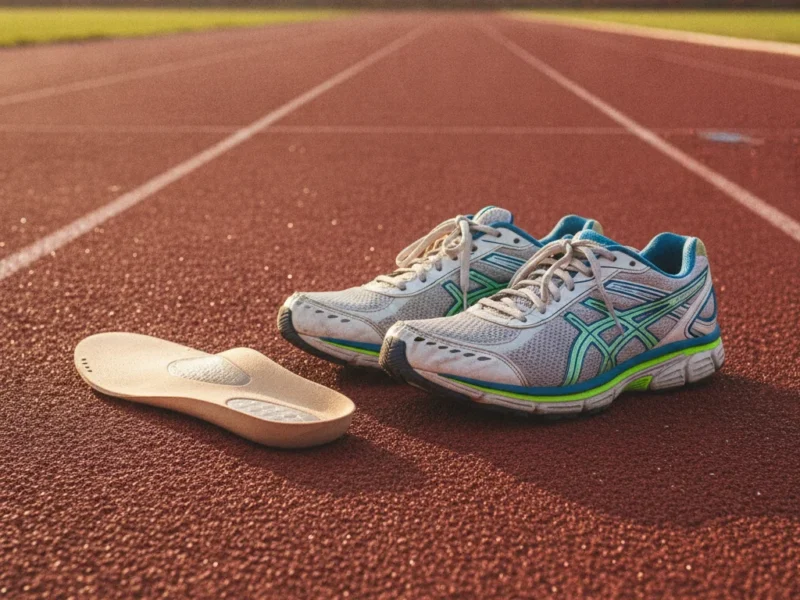Running shoes with an orthopedic insole on an athletics track, ready for a run.