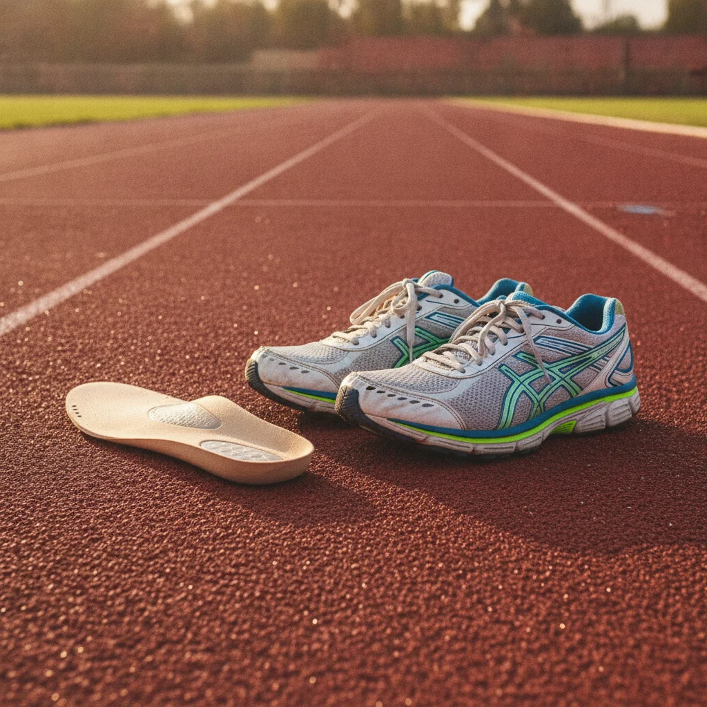 Running shoes with an orthopedic insole on an athletics track, ready for a run.