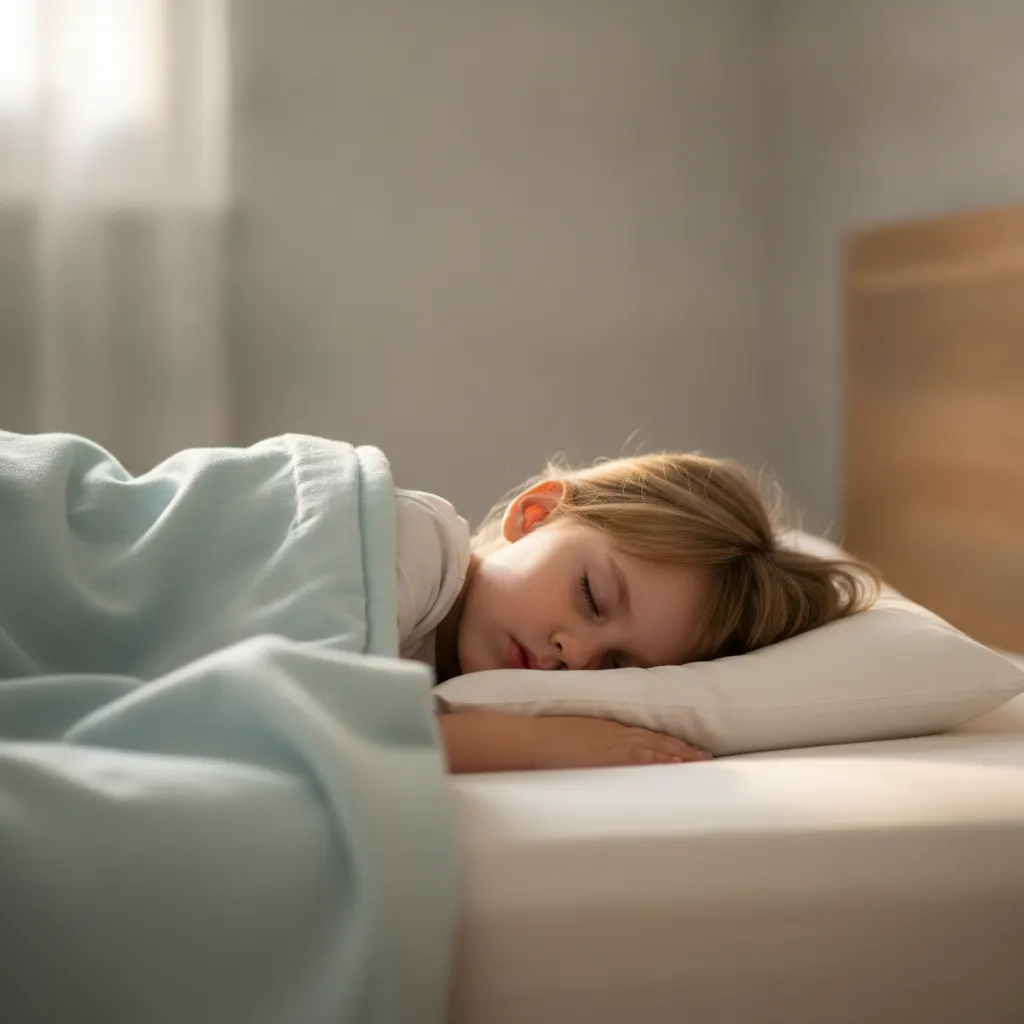Child sleeping on their side on a low, thin pillow, with the head and neck aligned.
