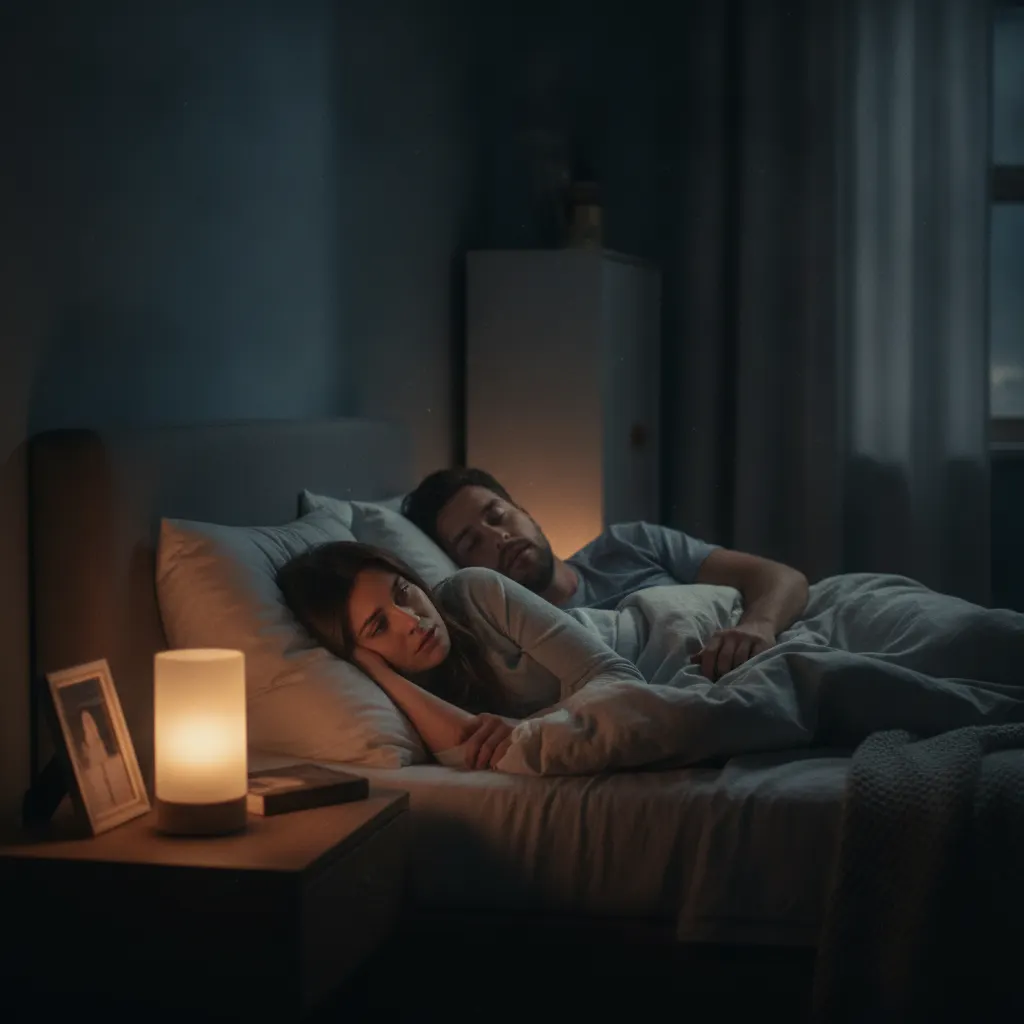 A concerned woman watches her partner snore and experience pauses in breathing during sleep