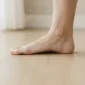 Bare adult foot with a low, collapsed arch whose inner edge touches the ground.