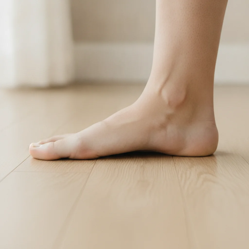Bare adult foot with a low, collapsed arch whose inner edge touches the ground.