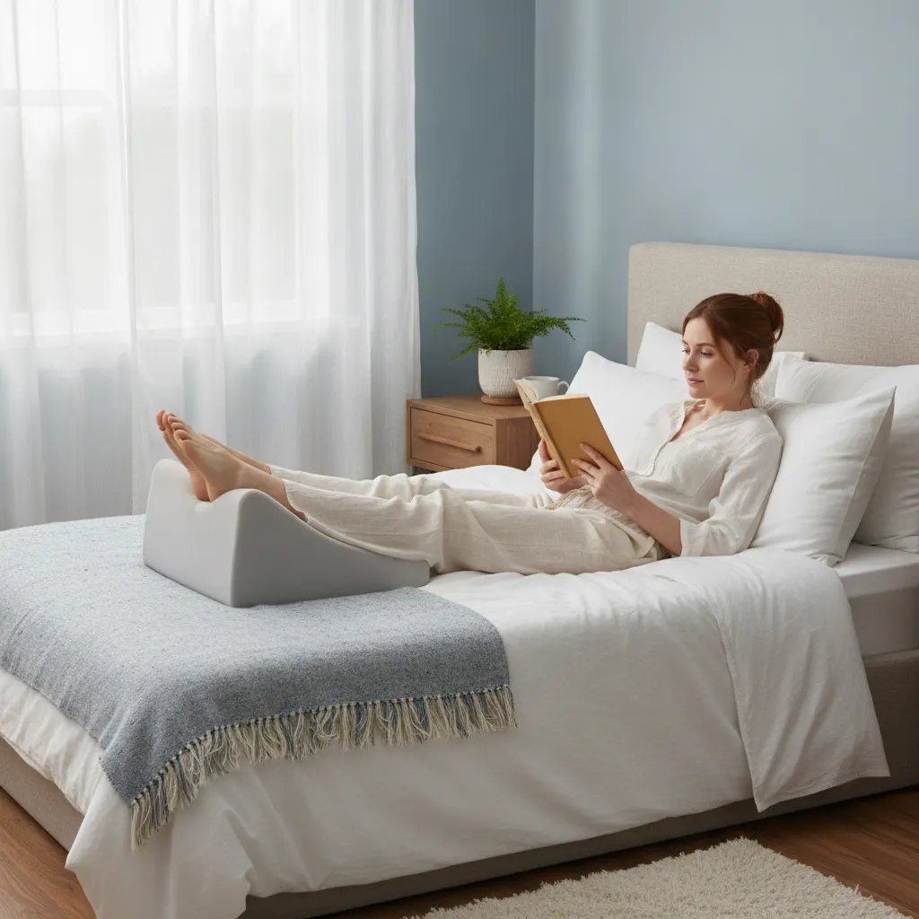 Resting with your legs elevated above heart level on a wedge pillow can help venous blood return toward the heart and may reduce leg swelling associated with varicose veins.