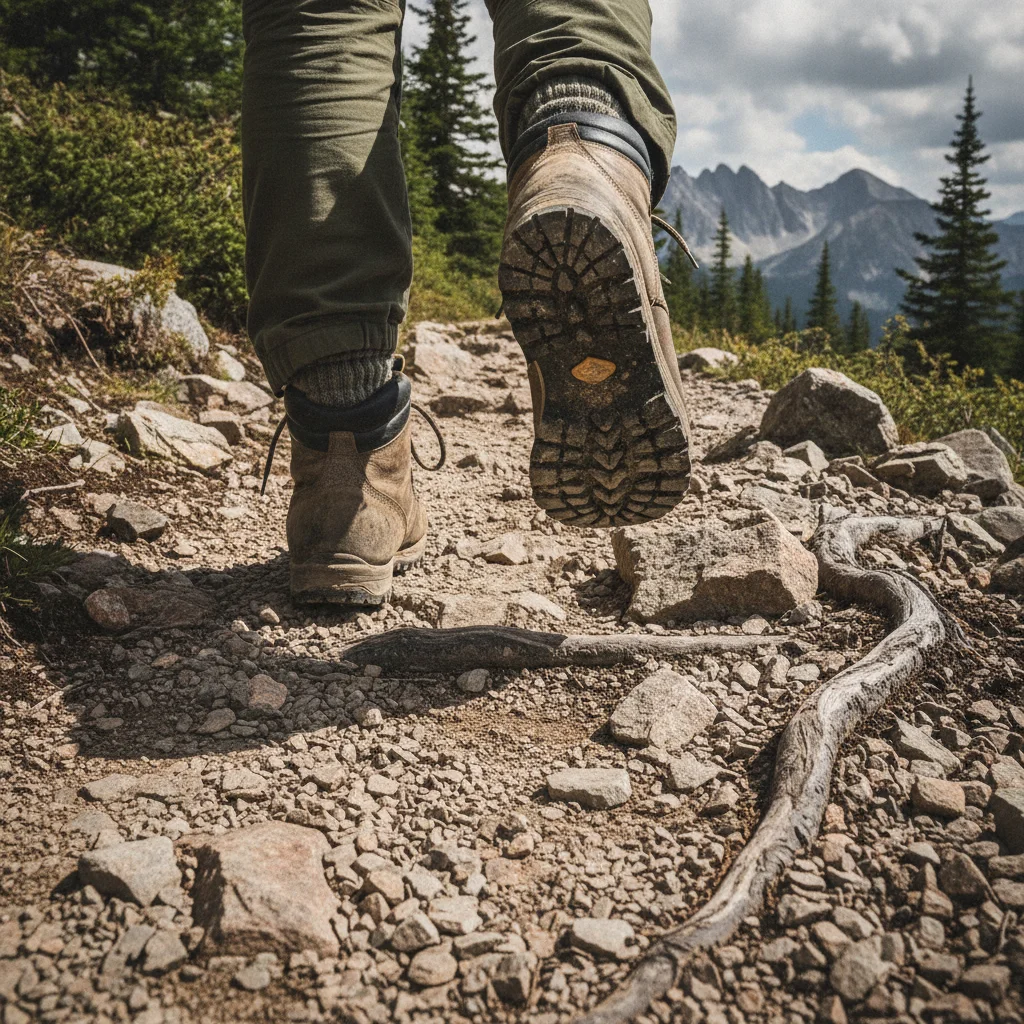 Hiking boots on rocky, uneven mountain terrain, where suitable insoles may improve underfoot comfort.