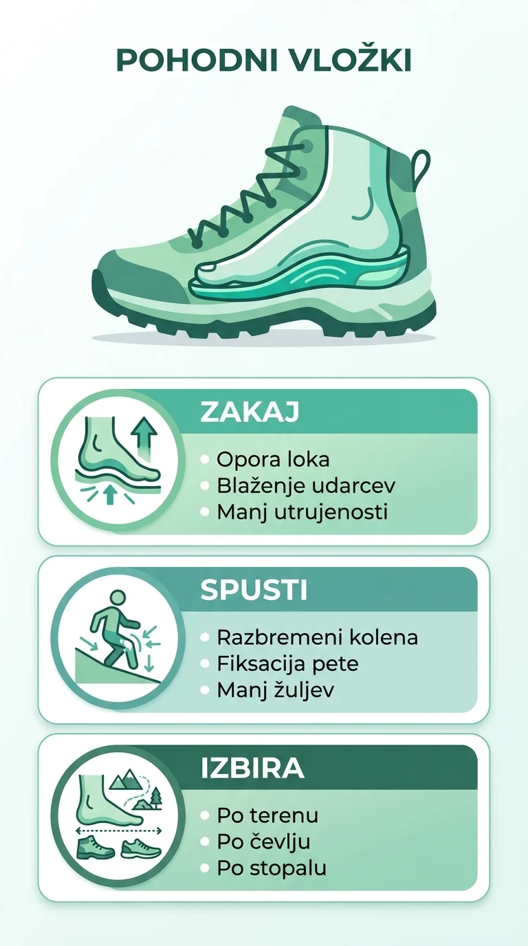 Infographic about hiking insoles: underfoot support and cushioning, comfort on descents, and choosing an insole for the terrain, footwear, and foot shape.