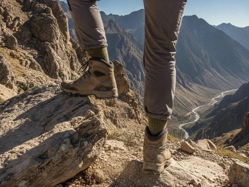 Hiker in hiking shoes descending a rocky mountain path, with focus on the feet and footwear.