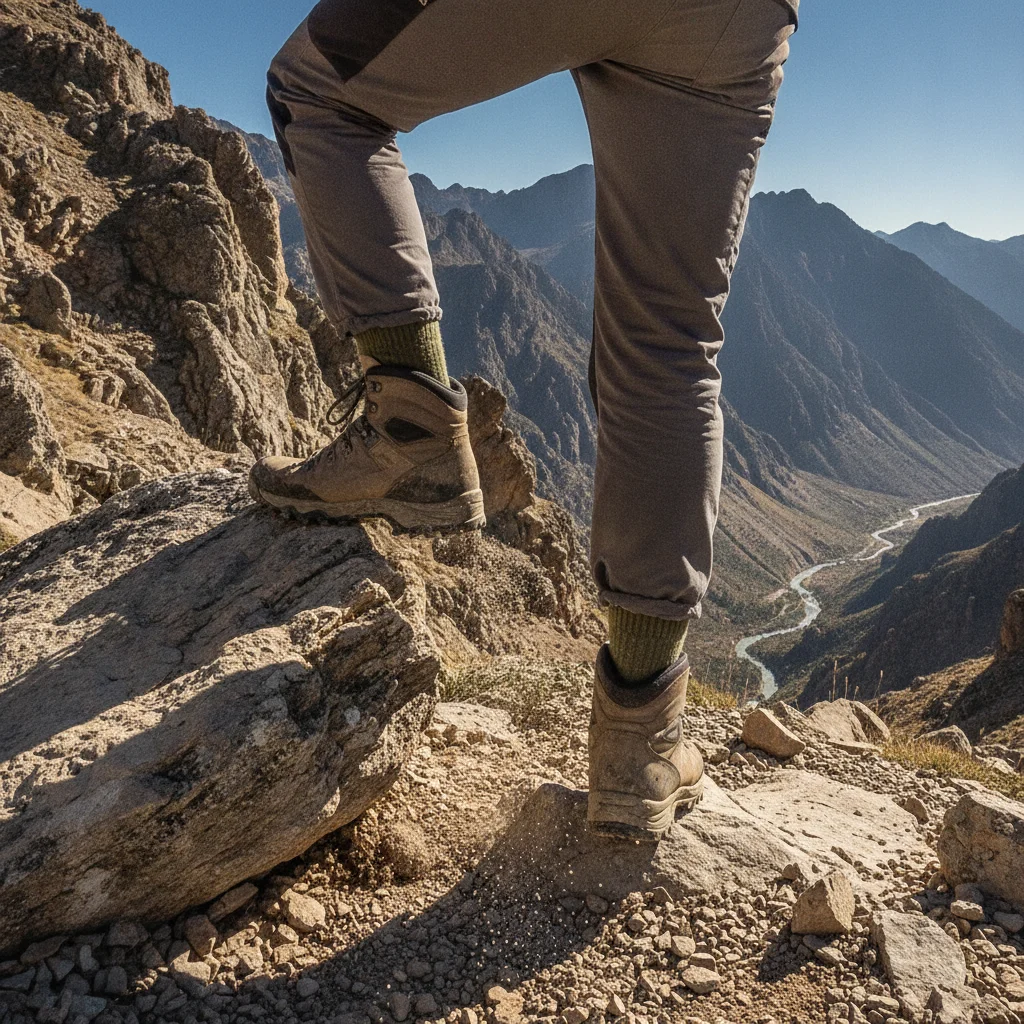 Hiker in hiking shoes descending a rocky mountain path, with focus on the feet and footwear.
