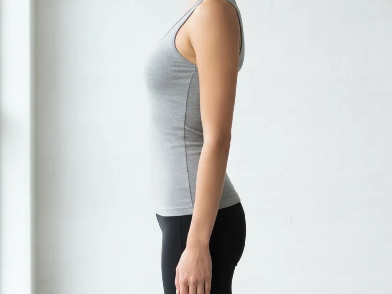 Side view of a person with an upright spine and relaxed shoulders.