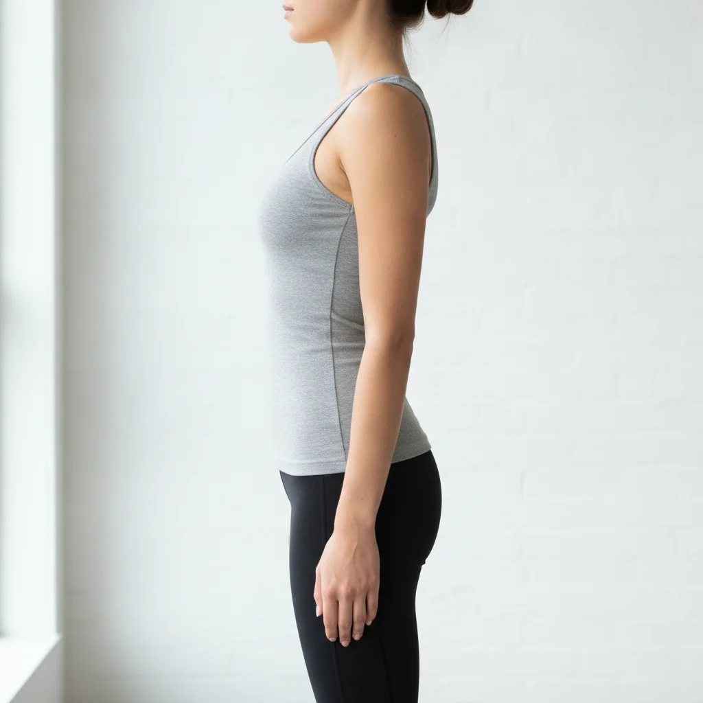 Side view of a person with an upright spine and relaxed shoulders.