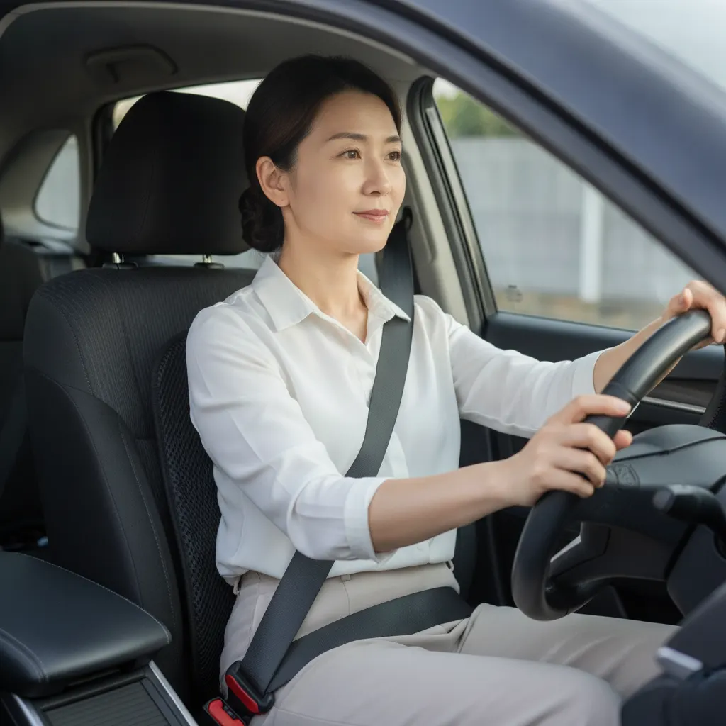 A driver sits upright in a car seat, with their back supported by the backrest and their hands relaxed on the steering wheel.