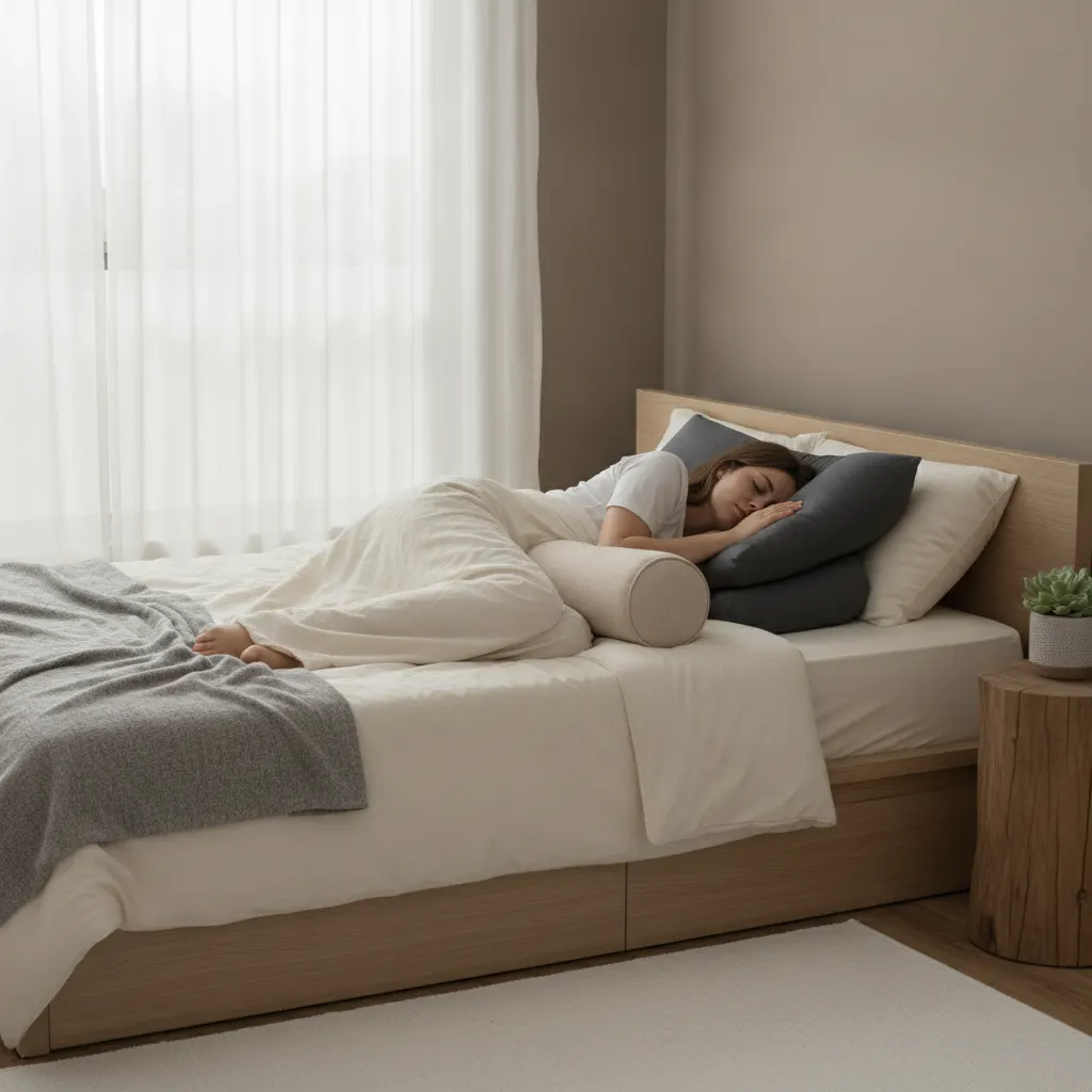A woman sleeps on her side with her head resting on a pillow that keeps her head aligned with her shoulder and spine.