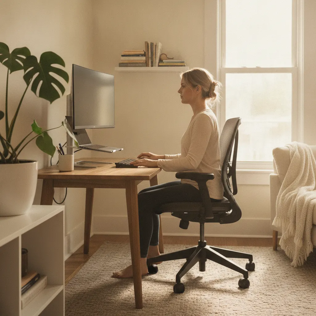 A computer workstation with the screen at eye level, elbows around a right angle, feet supported and support behind the lower back.