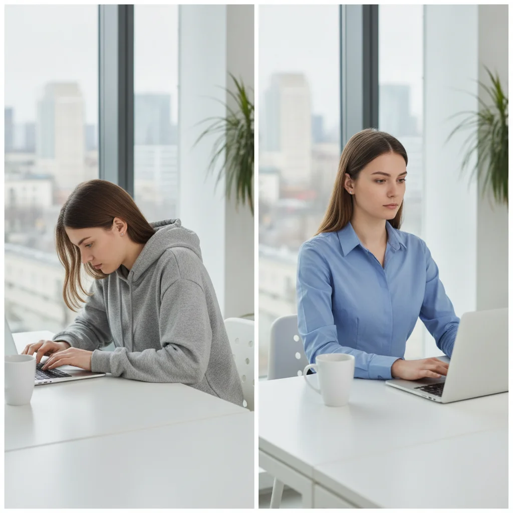 Comparison of slouched and upright posture when sitting at a desk.
