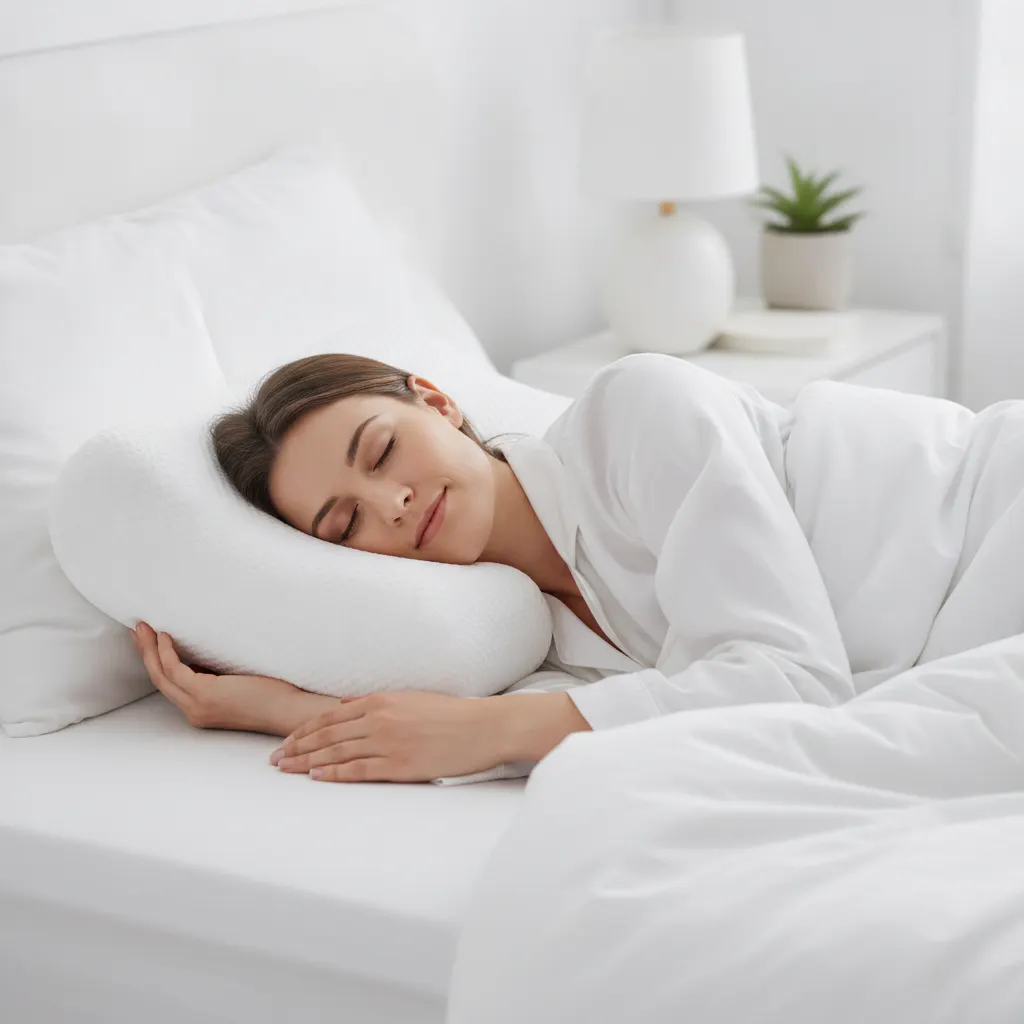 For side sleeping, a pillow of the right height fills the space between the shoulder and head so the spine remains in a straight, neutral line.
