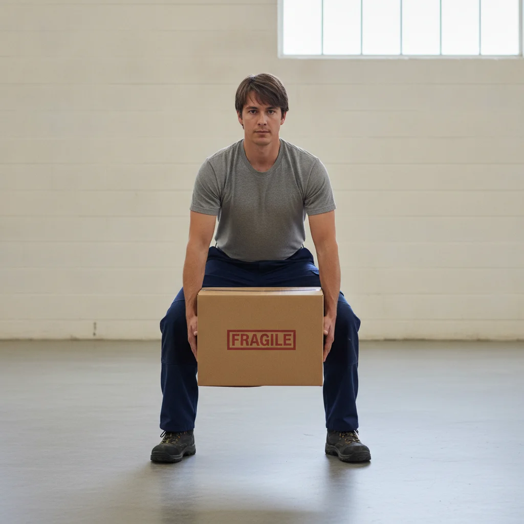 A man lifts a box with a stable stance, keeping it close to his body