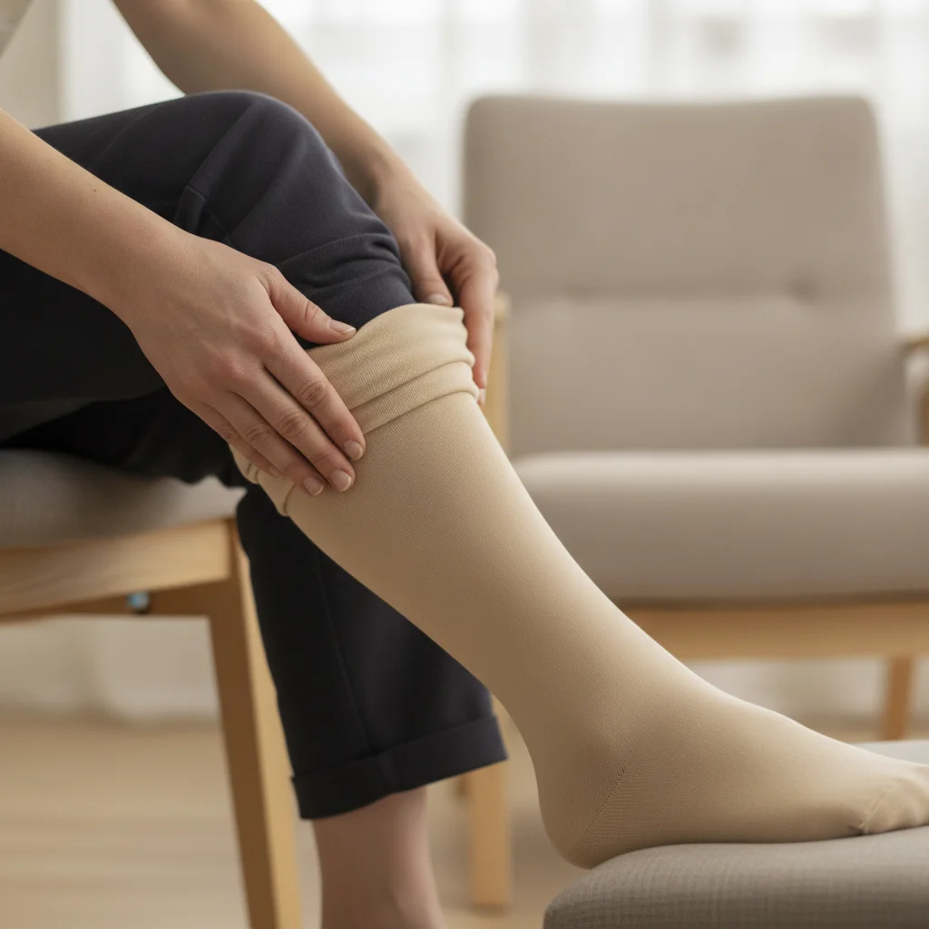 Hands demonstrate how to put on a compression sock gradually from the foot upward without bunching the fabric.