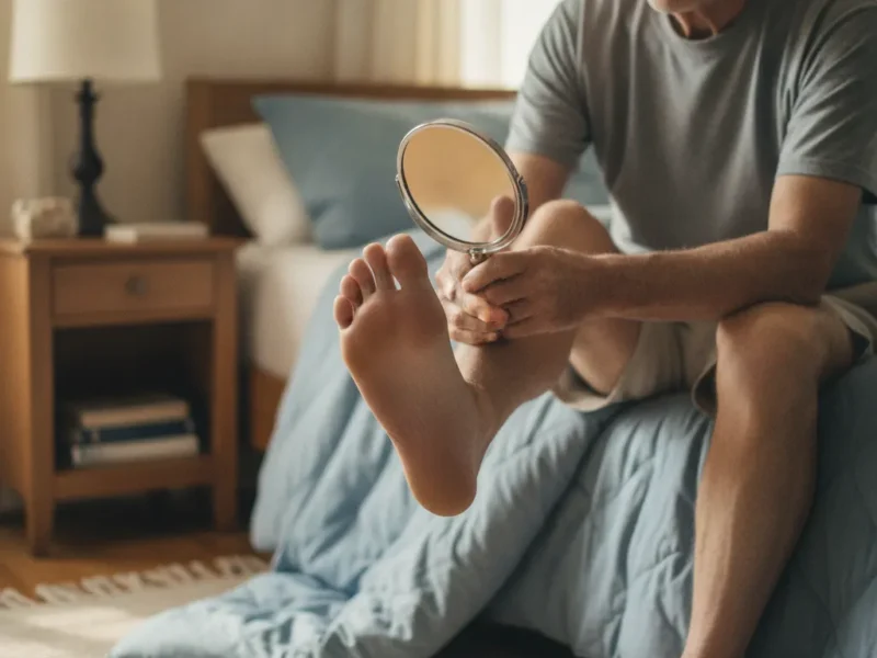 Older person examining the sole of their foot at home with a hand mirror