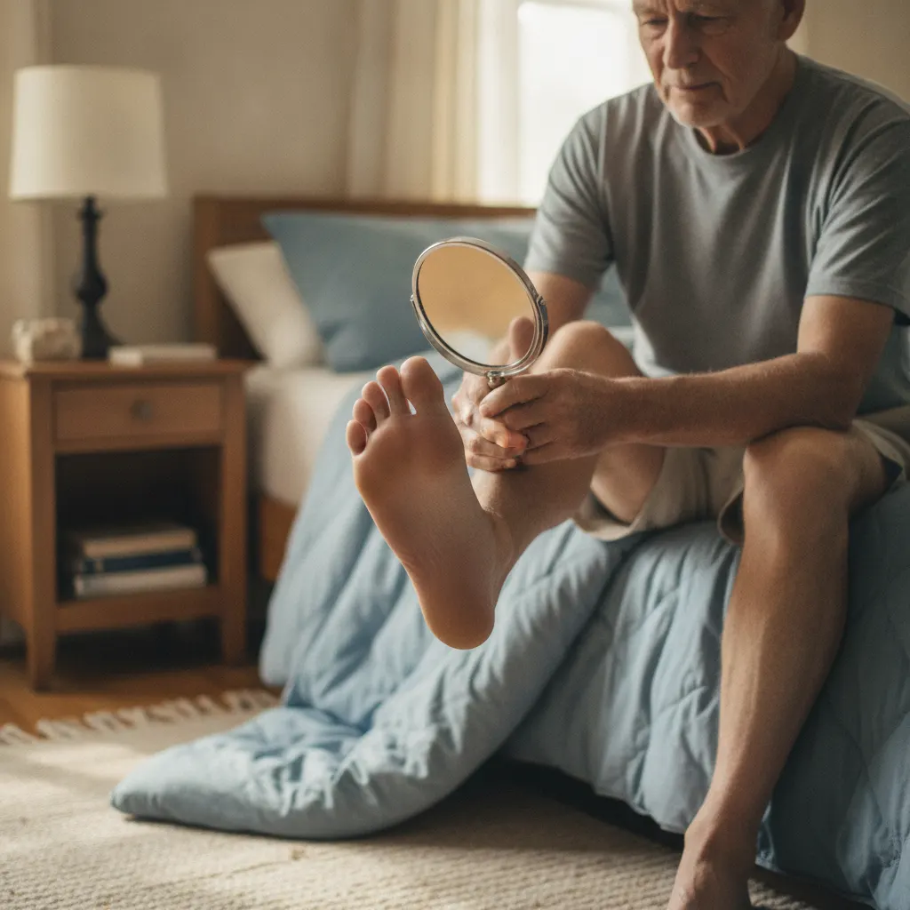 Older person examining the sole of their foot at home with a hand mirror