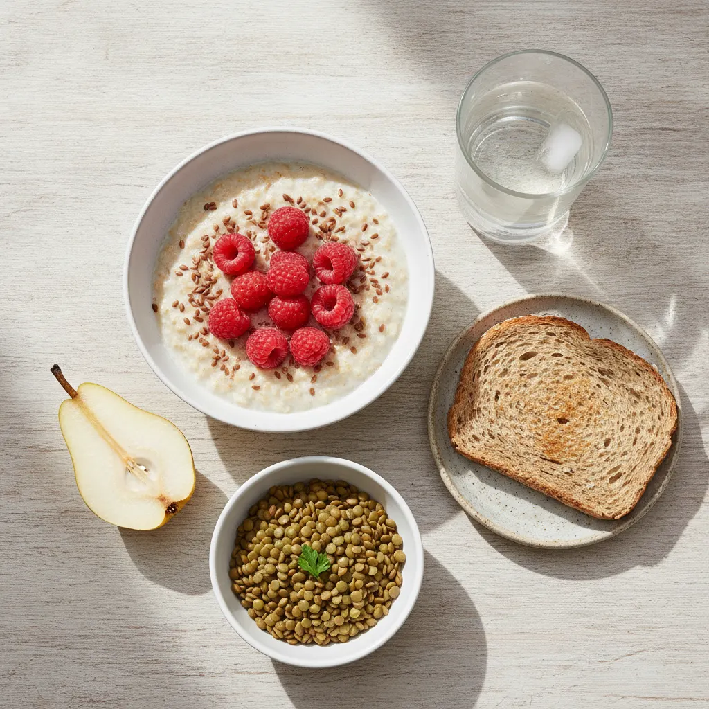 A high-fiber breakfast with oatmeal and raspberries, whole-grain bread, lentils, and water illustrates the first measure supported by evidence for hemorrhoid symptoms.