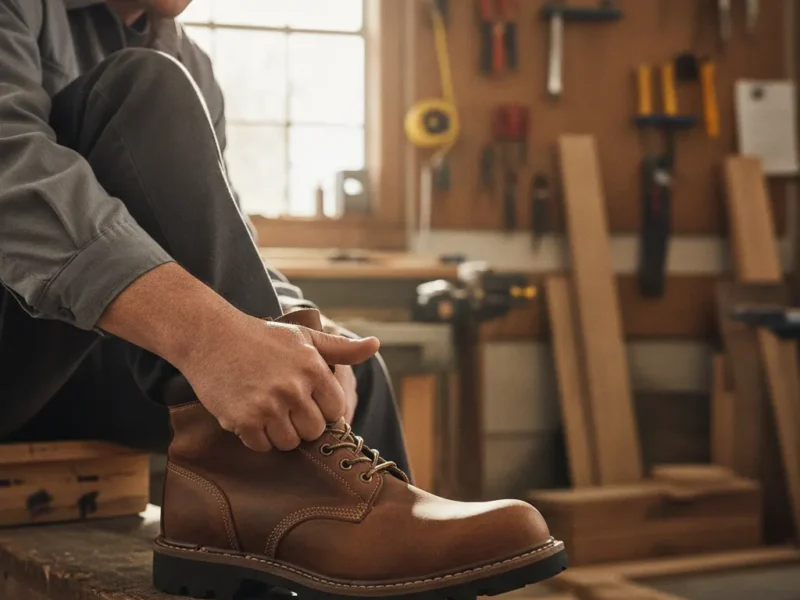 Man in a workshop checking the fit of a work shoe at the toe to ensure enough room.