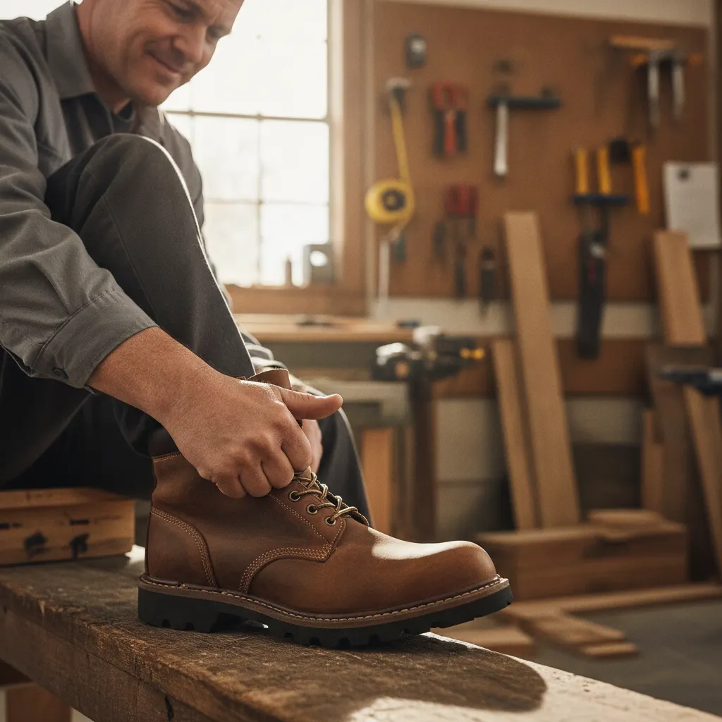 Man in a workshop checking the fit of a work shoe at the toe to ensure enough room.