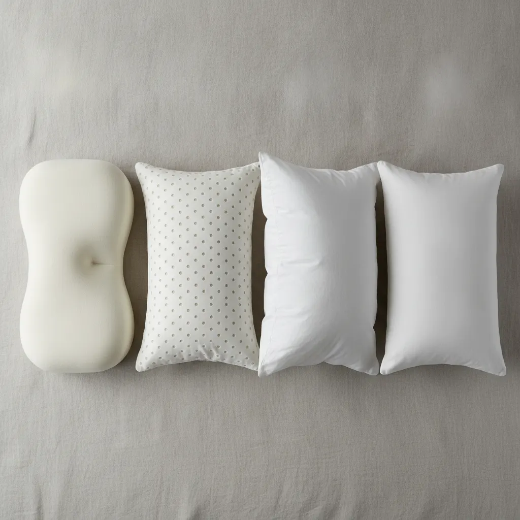 Four pillows made from different materials, memory foam, latex, feathers, and polyester, placed side by side for comparison.
