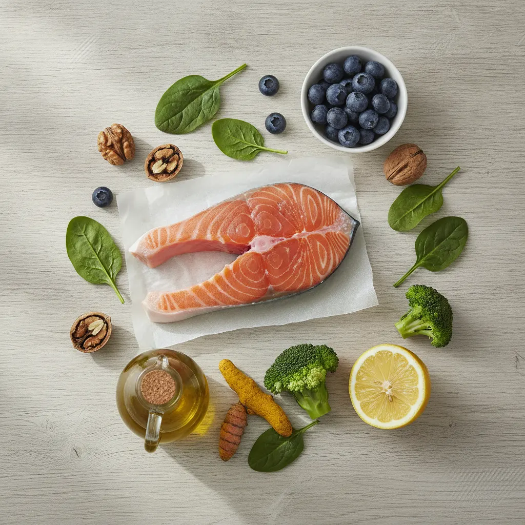 Anti-inflammatory foods on a table: salmon, blueberries, olive oil, walnuts, spinach, broccoli, turmeric, and lemon as the basis of an anti-inflammatory meal plan.