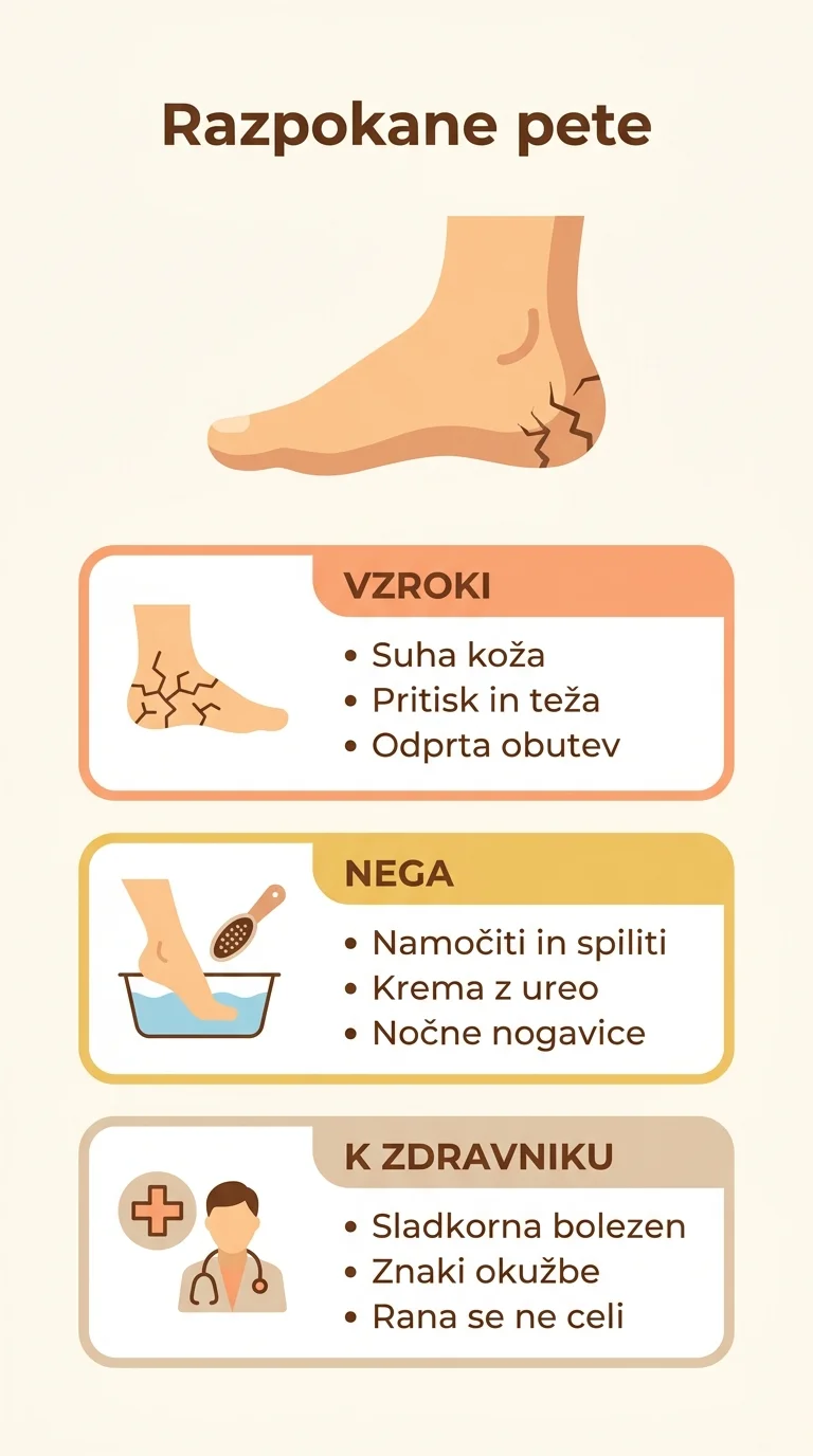 Infographic about cracked heels showing common causes, home-care steps, and signs that need medical attention.