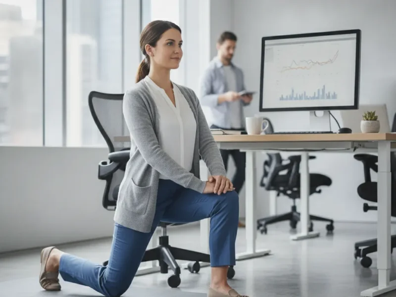 Woman stretching her hip flexors in a lunge beside an office chair during a break from sitting.