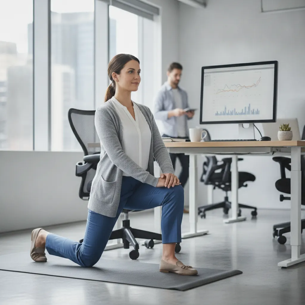 Woman stretching her hip flexors in a lunge beside an office chair during a break from sitting.