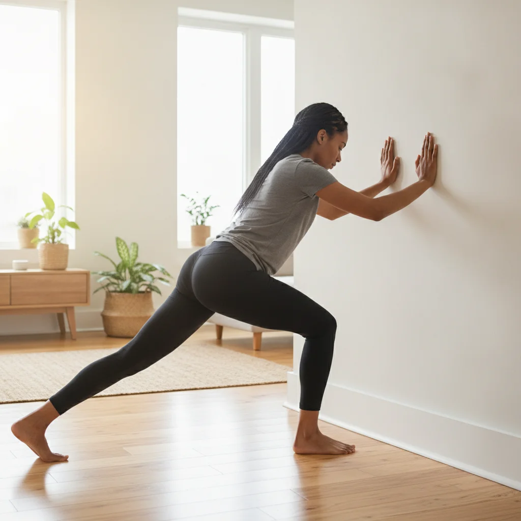 A person stretches the calf against a wall with the back leg straight and heel down, a movement that may release or help prevent nighttime cramps.