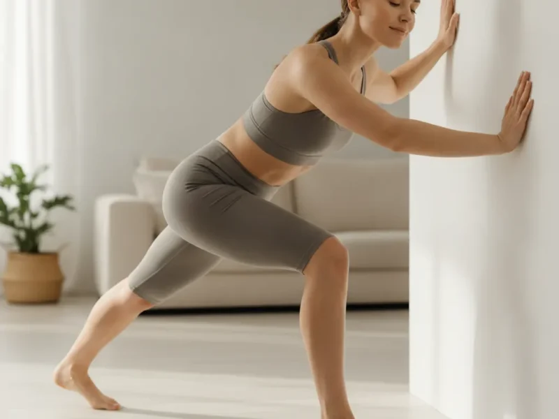 Woman stretching her calf against a wall, an exercise commonly recommended for plantar fasciitis pain.