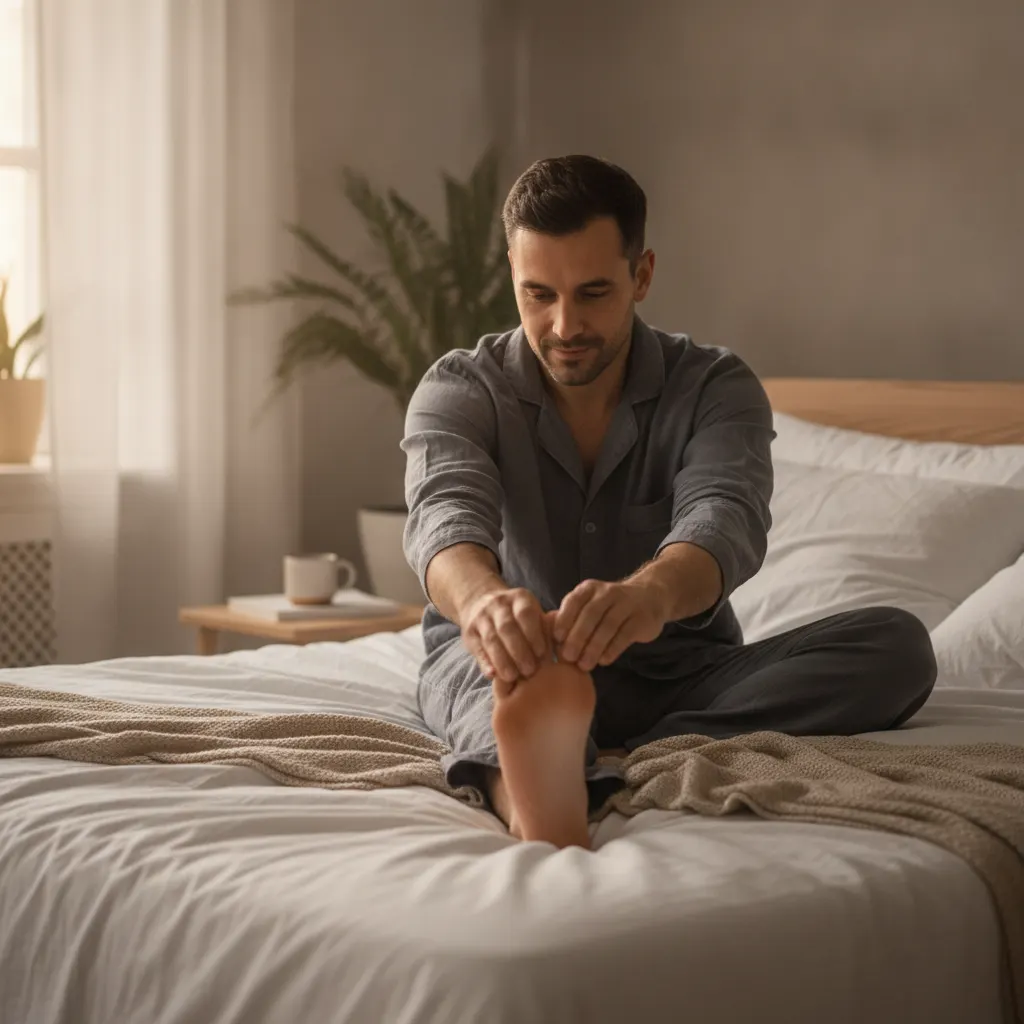 A man gently pulls his toes toward himself before getting out of bed to stretch the plantar fascia