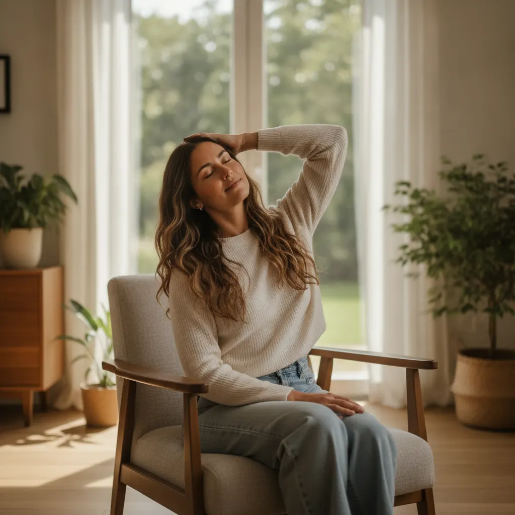 A seated woman gently stretches her neck by tilting her head to one side, an exercise commonly used for cervicalgia.