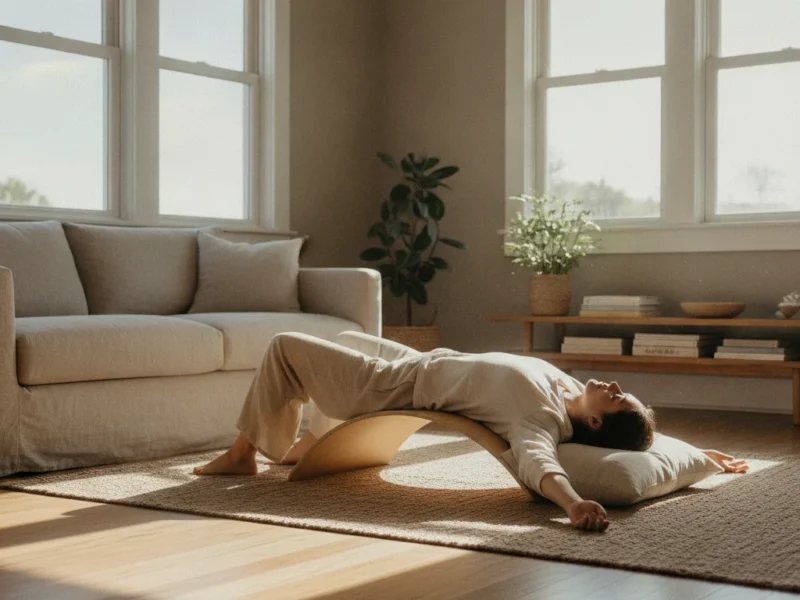 Person lying on an arched back stretcher at home and gently stretching the lumbar spine.