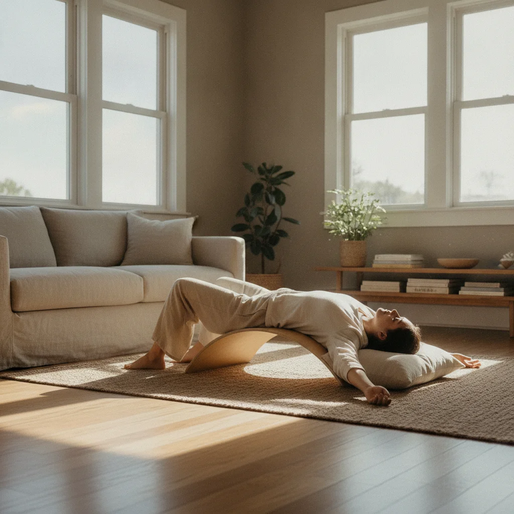 Person lying on an arched back stretcher at home and gently stretching the lumbar spine.