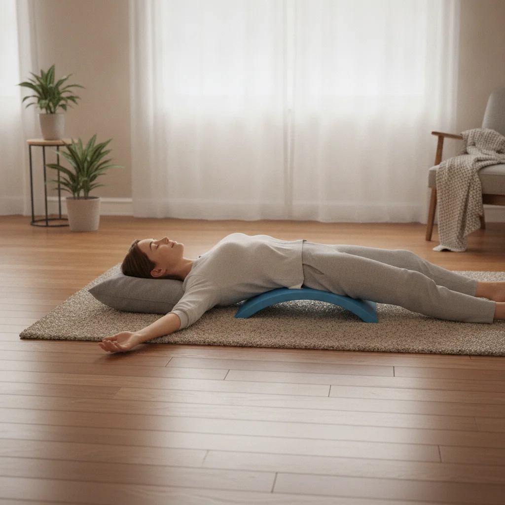 A person lies over a curved back stretcher, placing the lower back in extension.