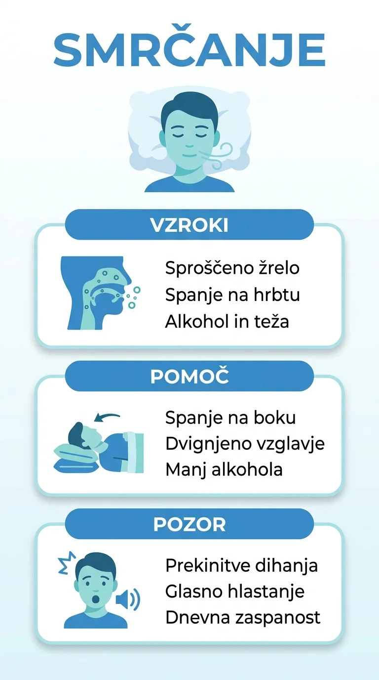 Infographic showing common causes of snoring, ways to reduce it, and warning signs of sleep apnea.