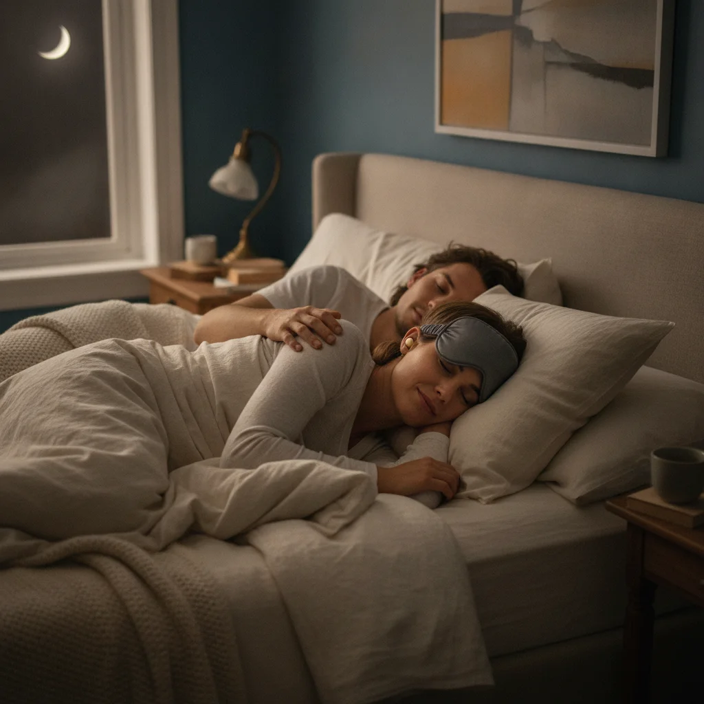 A person is sleeping peacefully with a sleeping mask and earplugs while their partner is lying next to them.