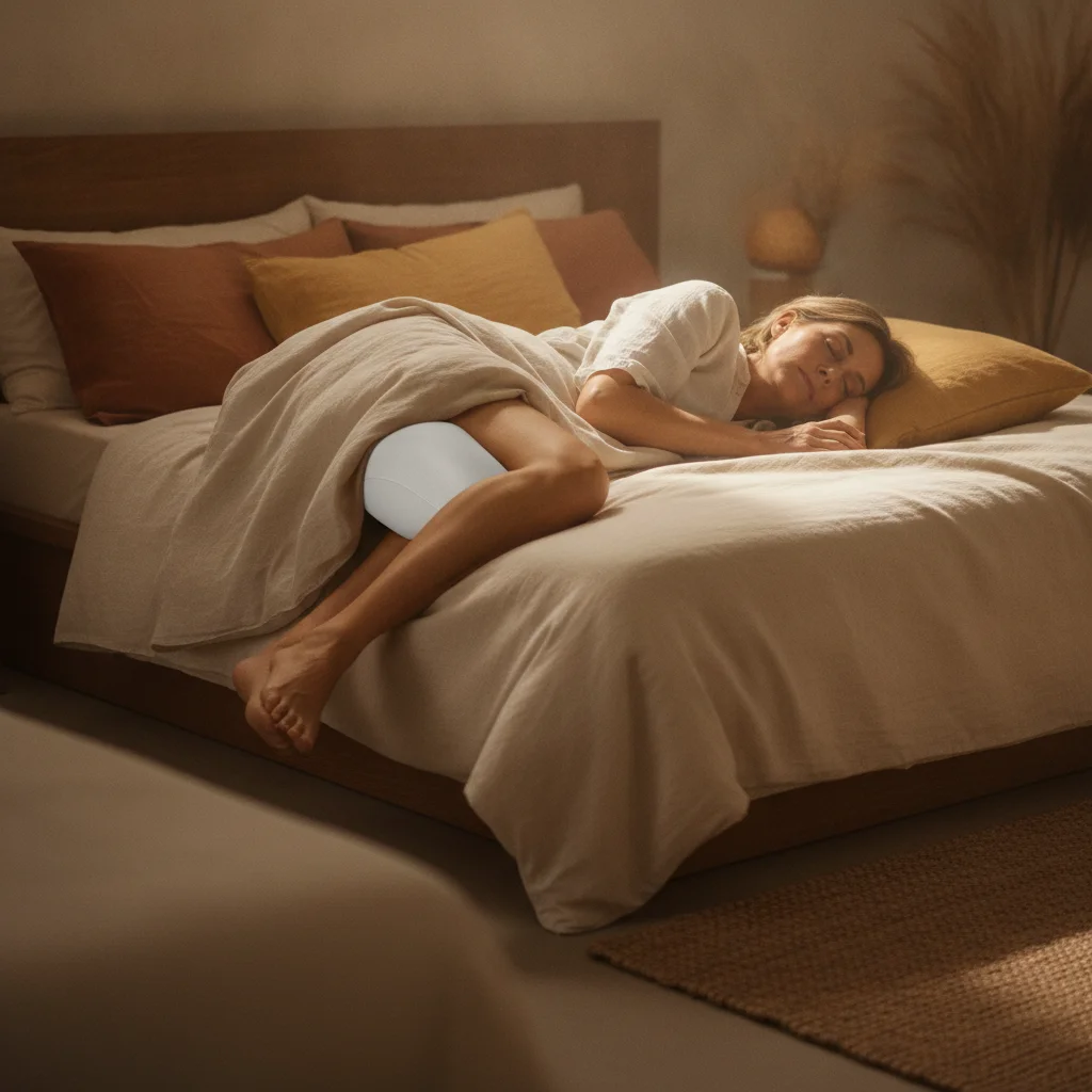 Woman sleeping on her side with an orthopedic pillow between her knees to align the hips and reduce pressure on a painful hip.