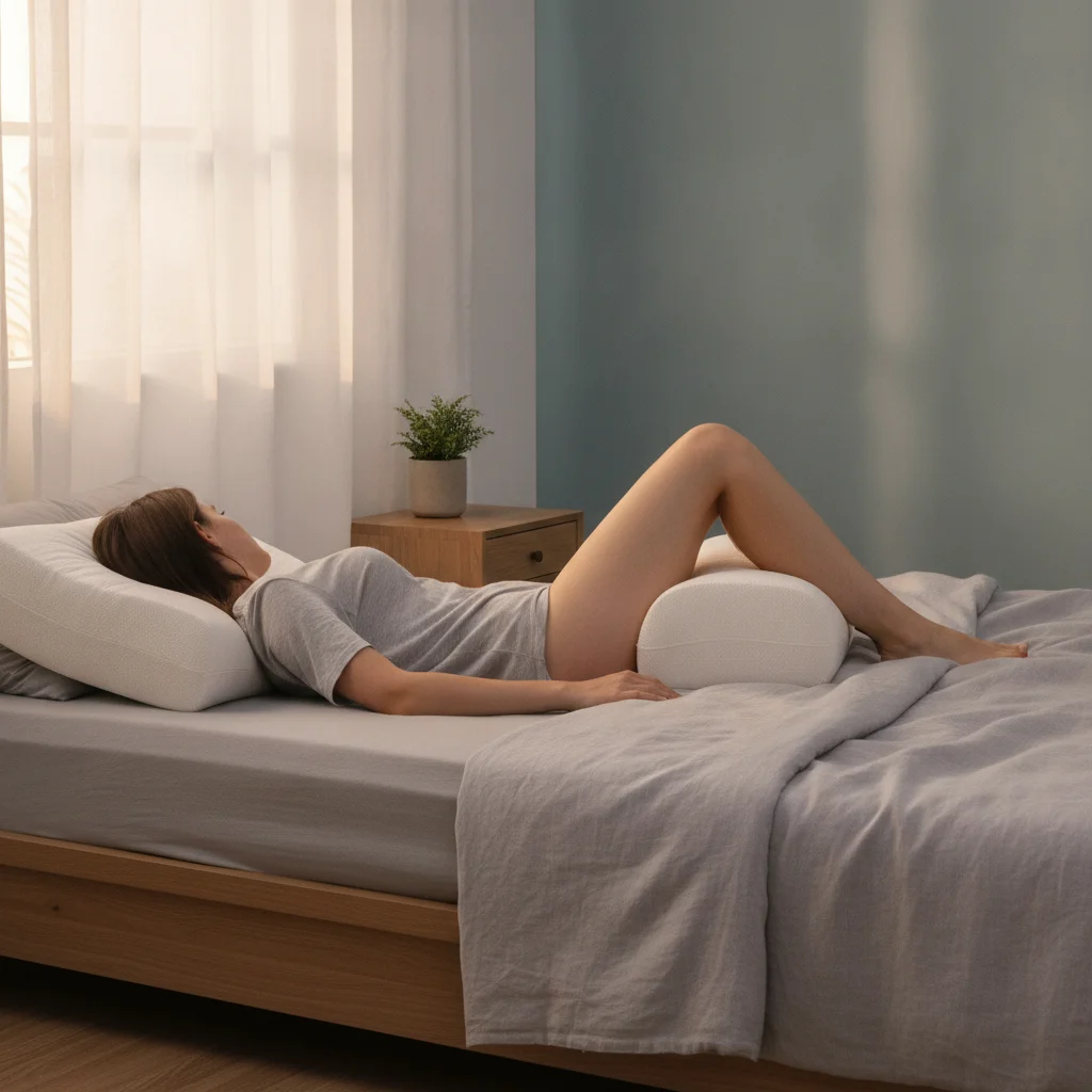A person sleeps on their side with a shaped pillow between the knees and a head pillow supporting the neck.