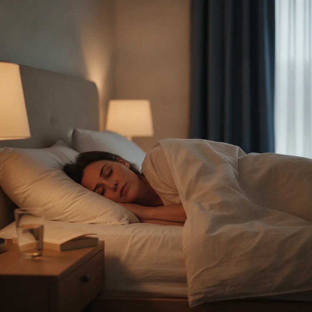 A person sleeps on their side with the head gently supported, a position that may reduce snoring for some people.