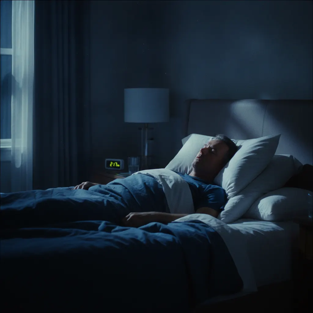 A man sleeps on his back with his upper body gently elevated, a position studied as an adjunct in some mild cases of sleep apnea.