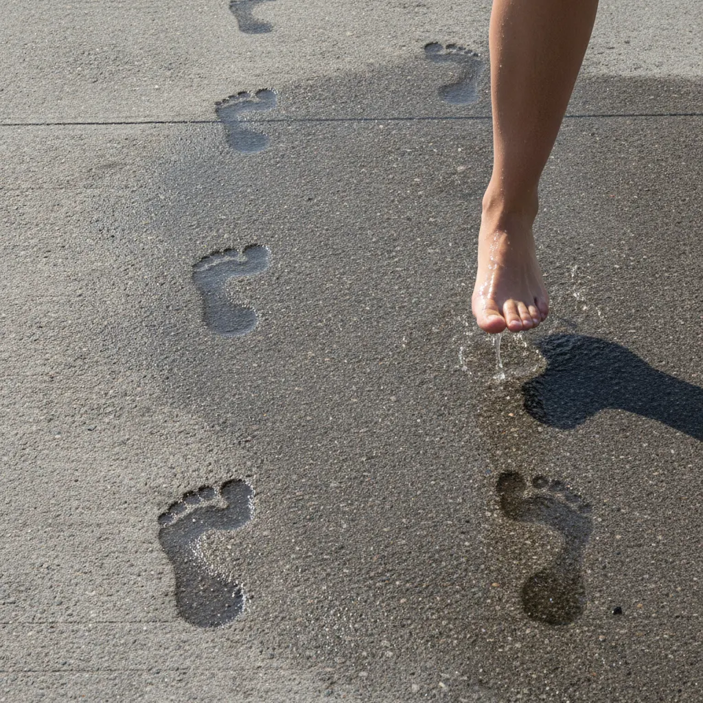 A wet footprint shows the shape of the arch while standing. It offers a clue about foot shape, but does not show how the foot rolls during movement.